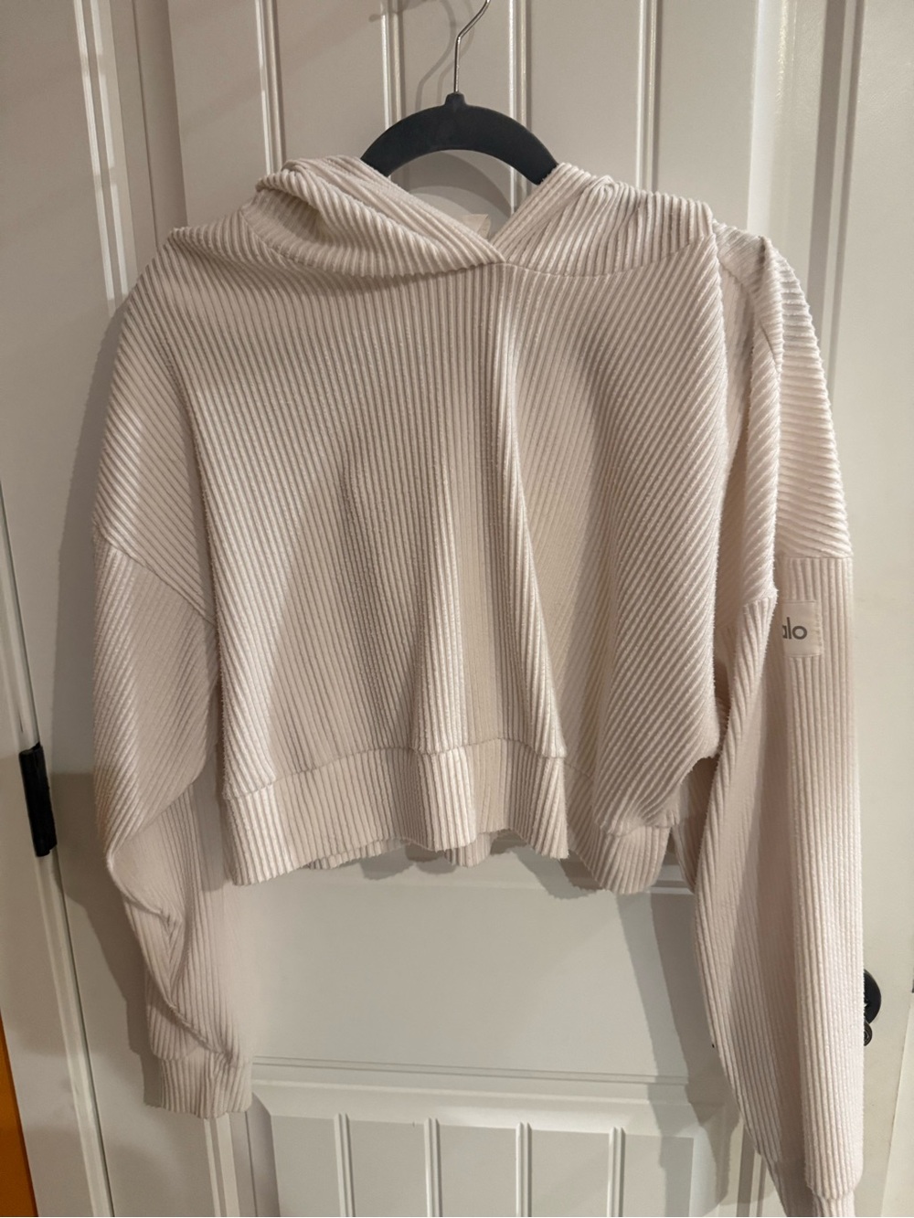 ALO Muse Cropped Ribbed Hoodie in Ivory